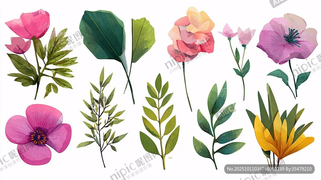多彩花卉與綠葉插畫素材