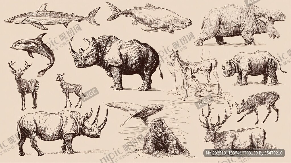 手繪野生動物集合插畫