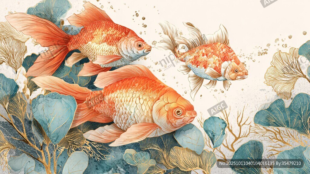 水中金魚(yú)游弋于綠植間