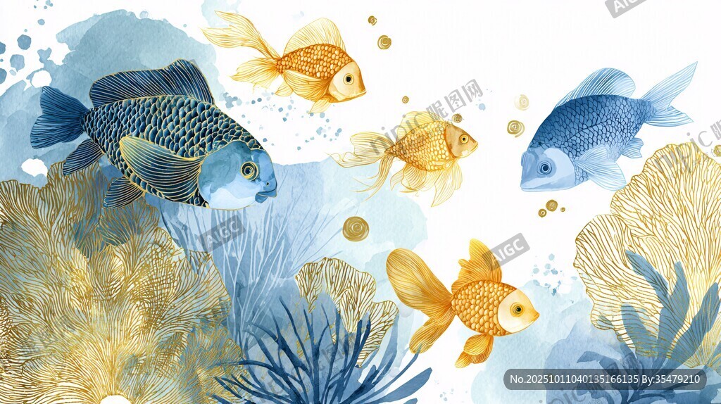 水彩繪夢幻海底金魚世界