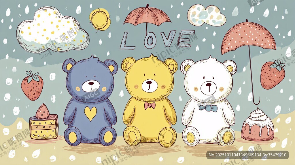 三只萌趣小熊的雨中甜蜜時(shí)光