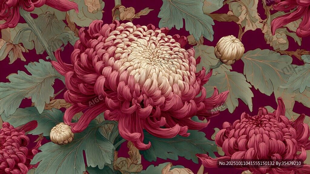深紅菊花與綠葉精美圖案