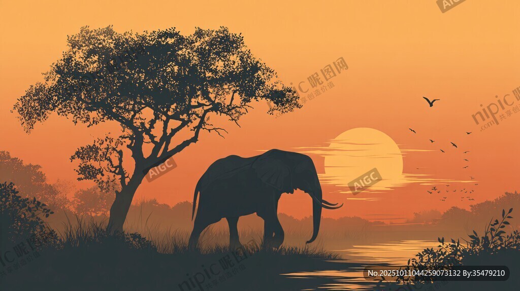 夕陽下獨行的大象