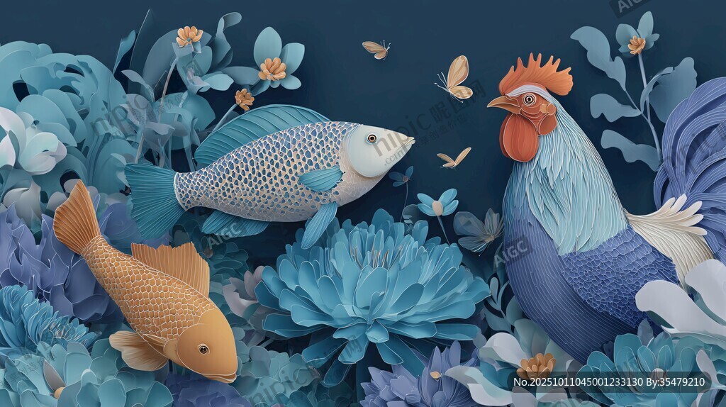 藍(lán)調(diào)紙藝中的魚(yú)雞花卉世界