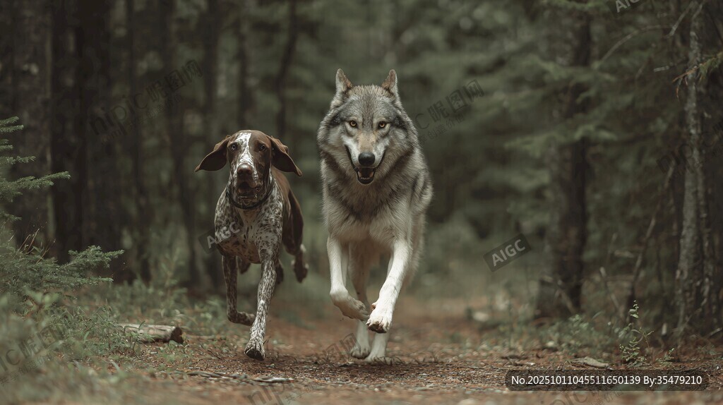 林間狼與獵犬并肩奔跑