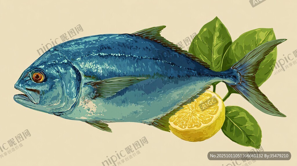 藍(lán)色鮮魚配檸檬綠葉