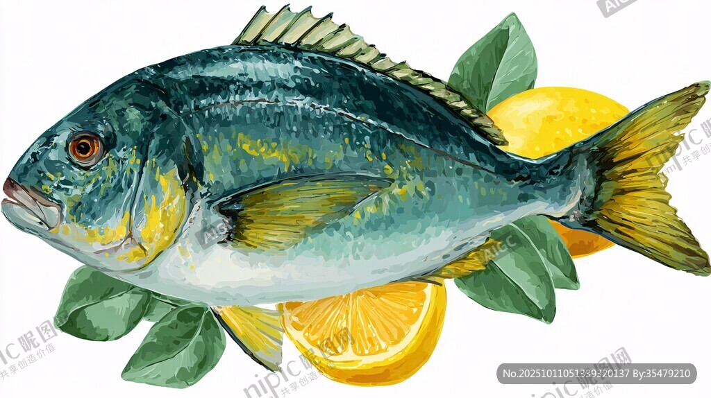 水彩繪鮮魚配檸檬綠葉