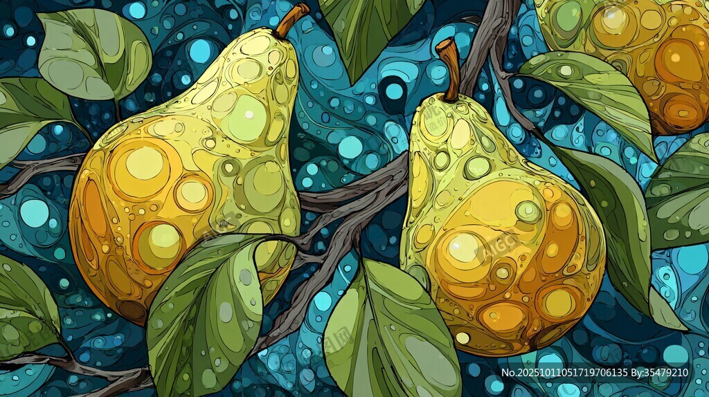 夢幻風(fēng)格梨與枝葉插畫