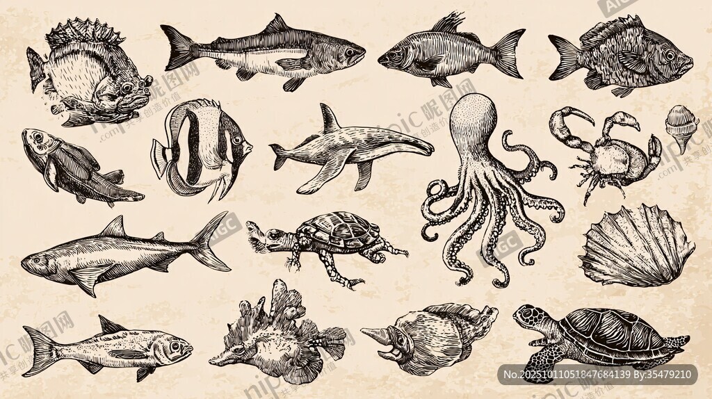 海洋生物手繪插畫集合