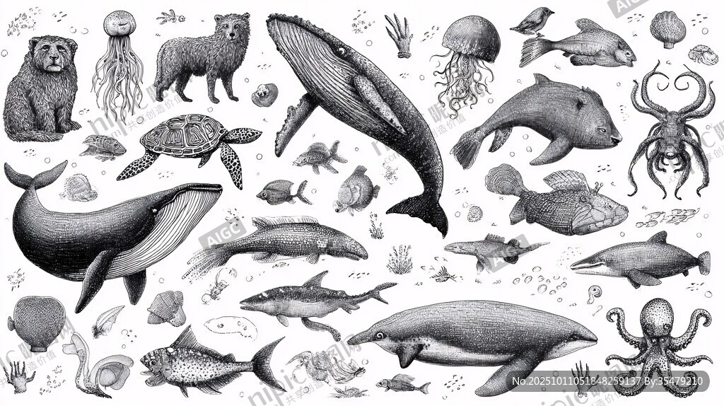 海洋生物黑白插畫集合