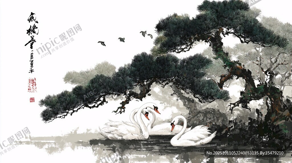 水墨松畔雙天鵝圖