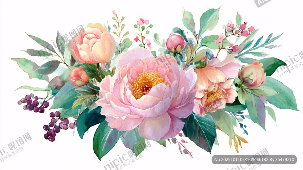 粉色花卉水彩插畫組合