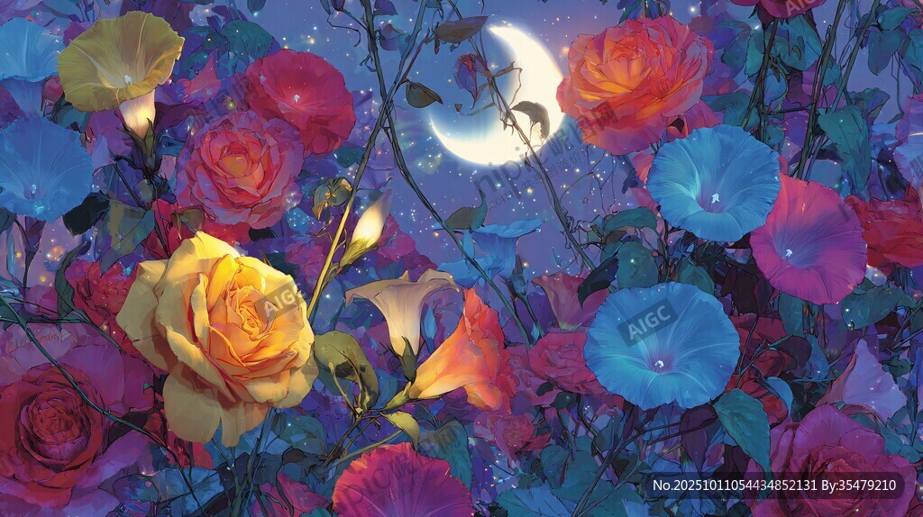 月夜繁花夢幻景致
