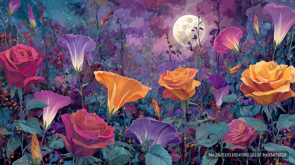 月夜下的絢爛花卉世界