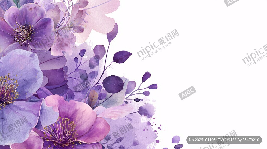 紫色花卉水彩邊框插畫