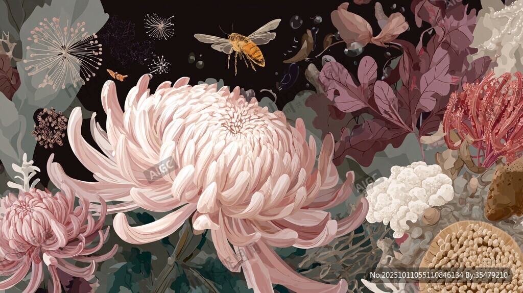 粉色菊花與蜂的夢(mèng)幻圖景