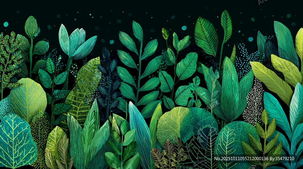 夢幻綠植夜景插畫