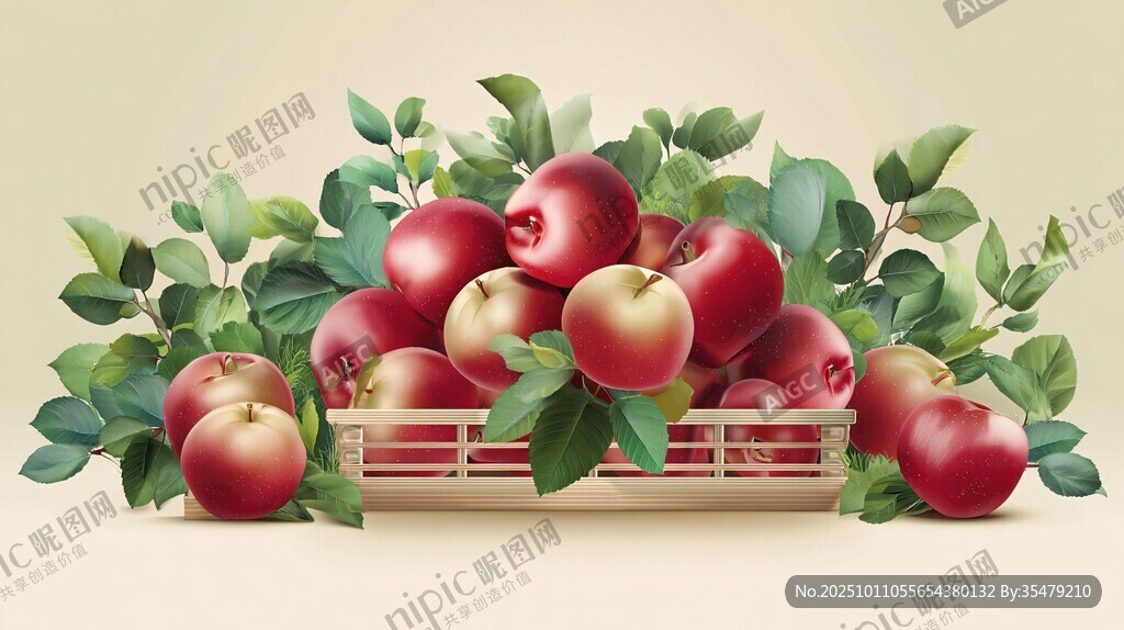 筐中紅蘋果與綠葉相伴