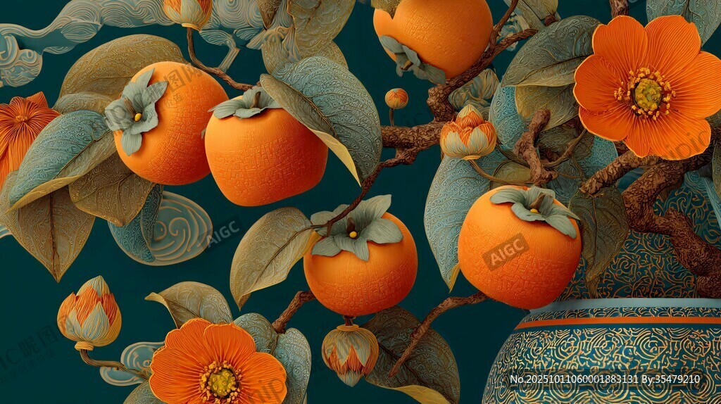 中式柿景花瓶插畫藝術(shù)