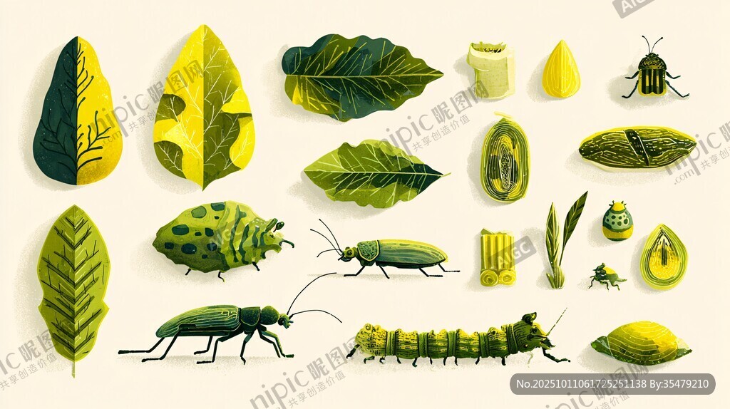 黃綠系昆蟲與葉片插畫
