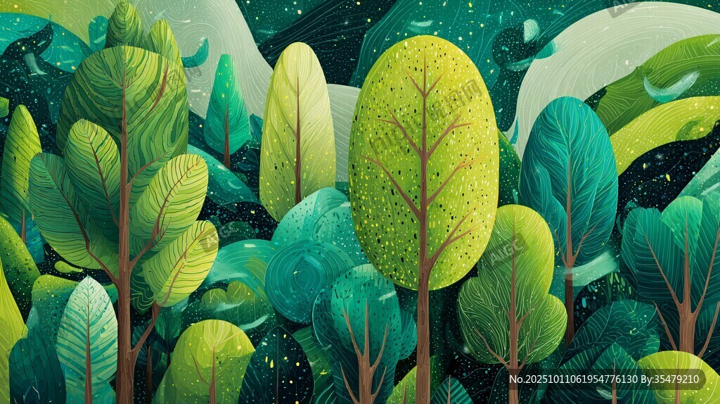 夢幻森林夜景插畫