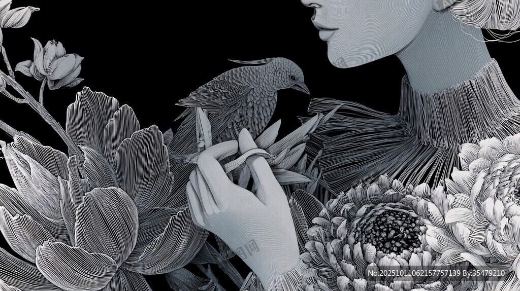 女子與花鳥的夢幻邂逅