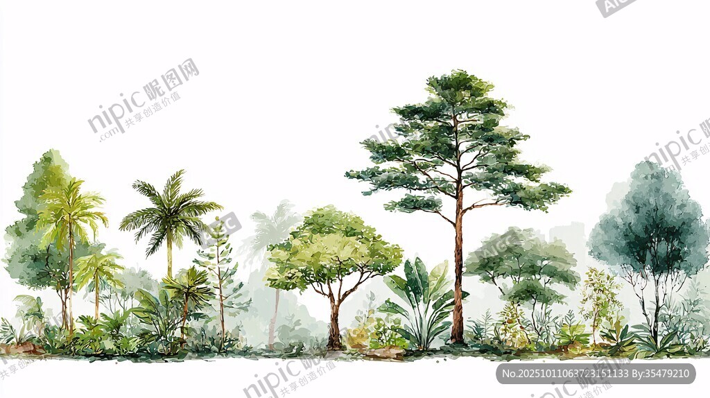 熱帶森林樹木水彩插畫