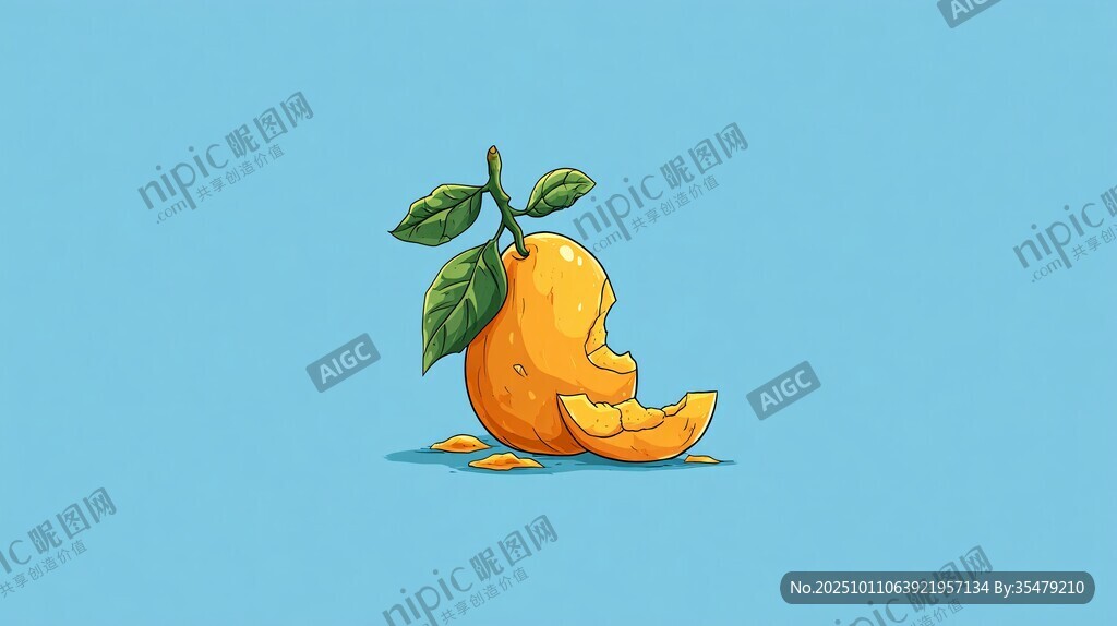 被咬一口的清新橙子插畫