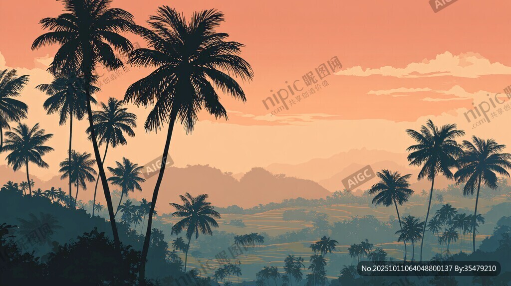 黃昏下的熱帶棕櫚林美景