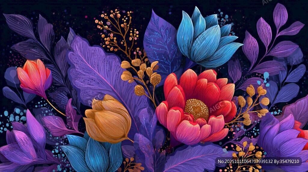 夢幻絢麗花卉插畫