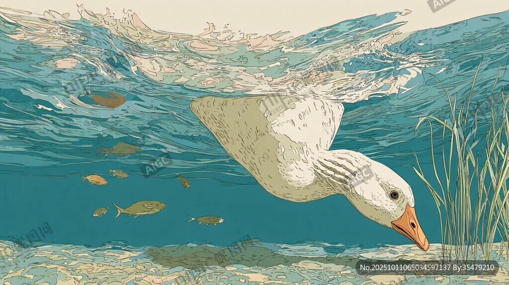 水下暢游的白鵝與小魚