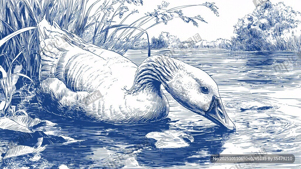 河邊白鵝飲水圖