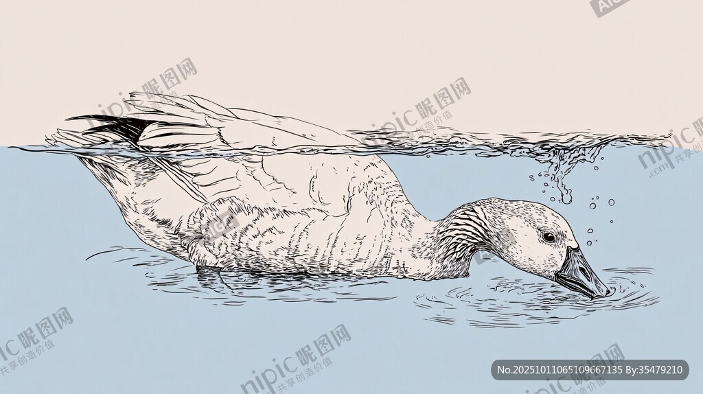水中游弋的鴨子手繪插畫