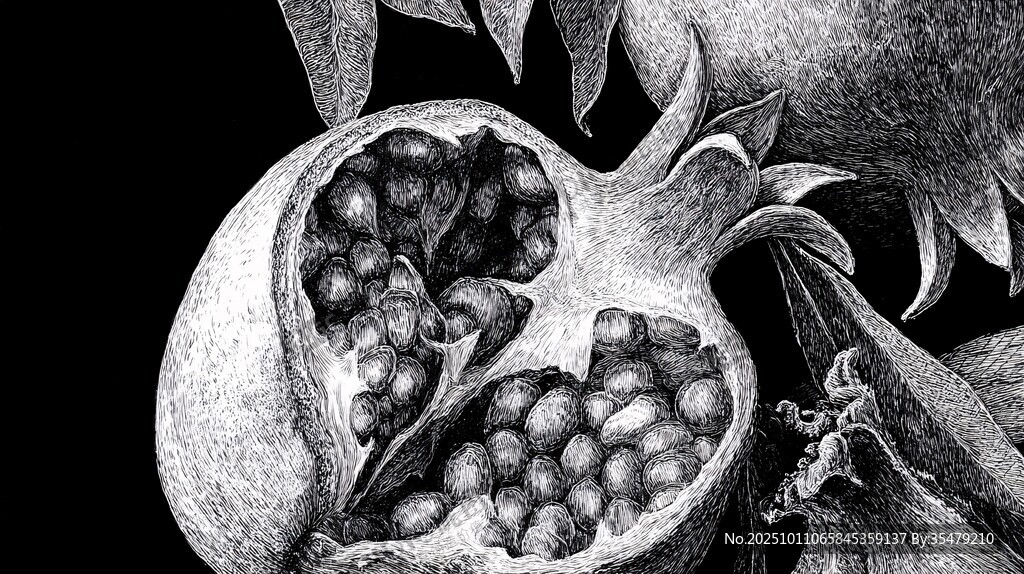 黑白素描下的飽滿石榴