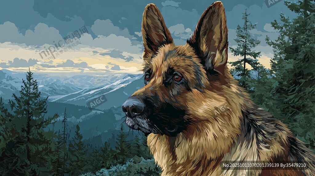德國牧羊犬眺望山林美景