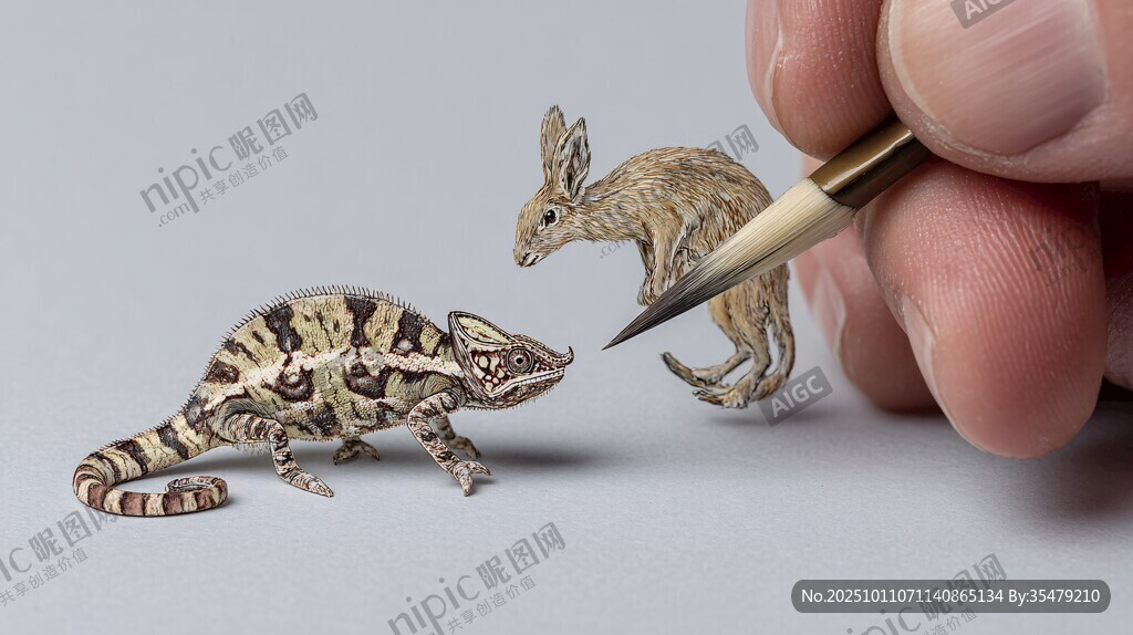 微雕動物 變色龍與小兔