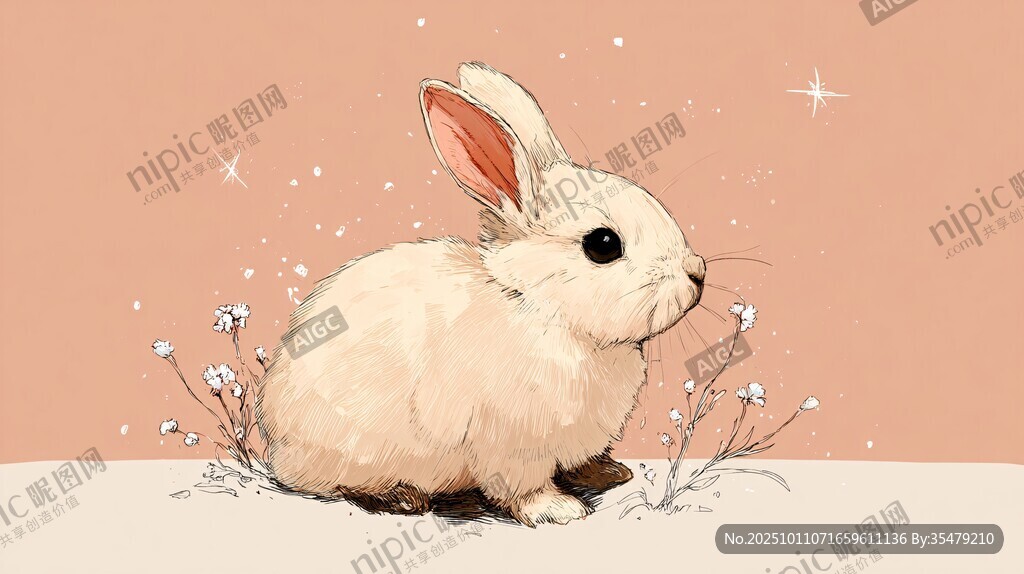 可愛白兔于夢幻粉色背景中