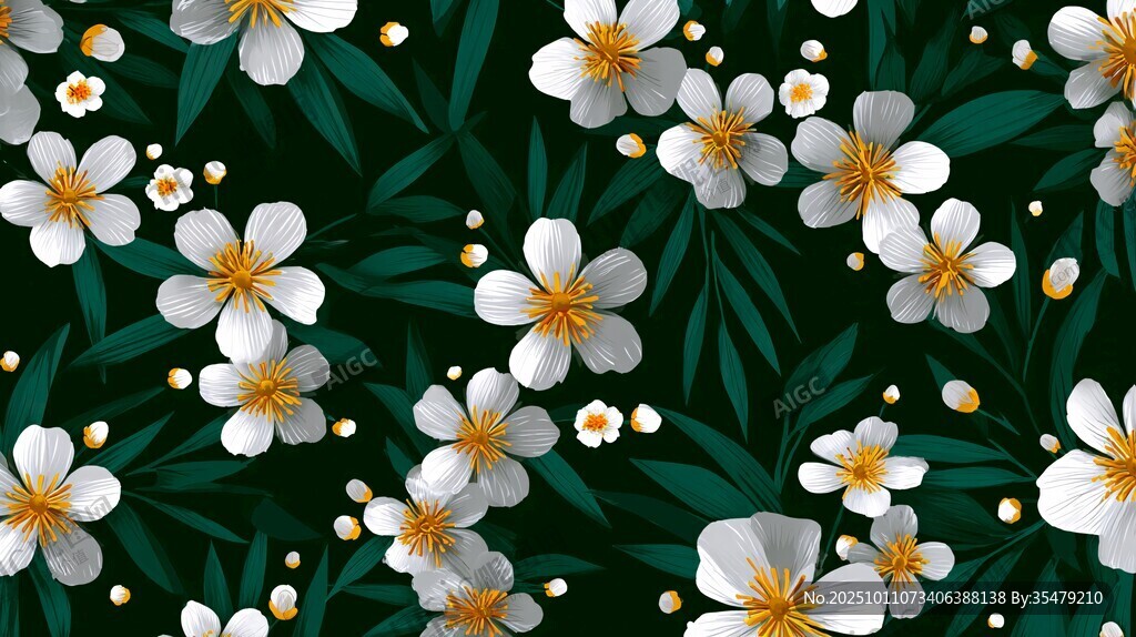 綠葉白花清新花卉圖案