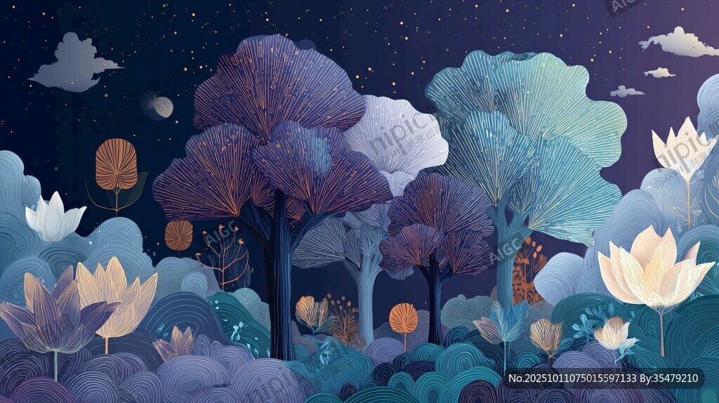 夢幻月夜森林奇幻景象