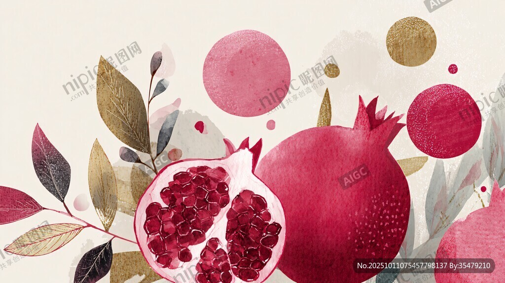 水彩風(fēng)石榴花卉插畫(huà)作品