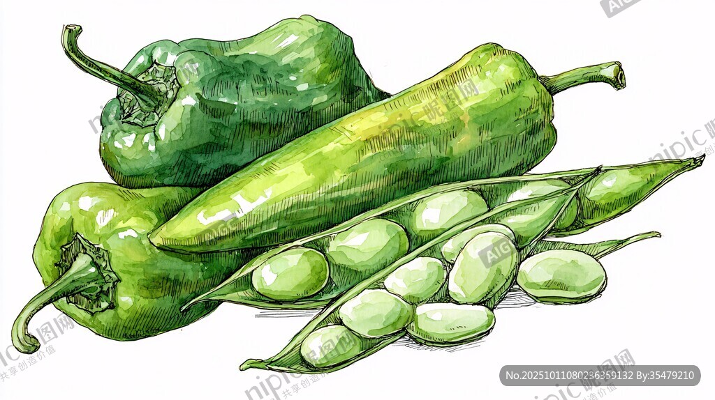 青椒與豌豆的水彩插畫