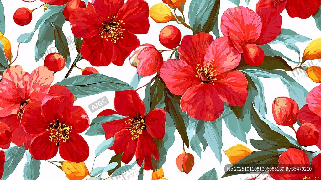 紅色花卉與果實(shí)水彩圖案