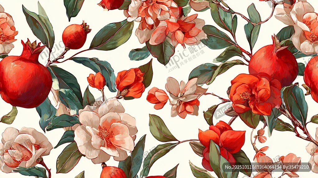 石榴花卉圖案精美插畫