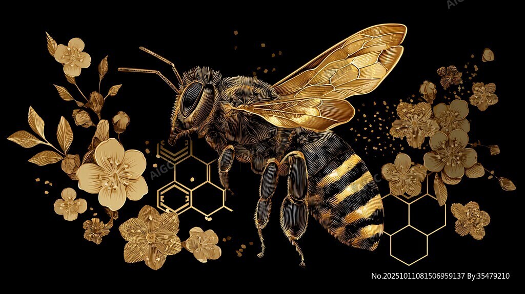 金色蜜蜂與花卉夢幻插畫