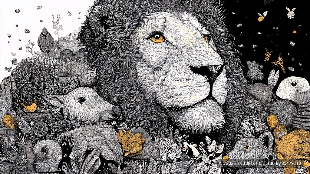 獅子與動物們的奇幻場景