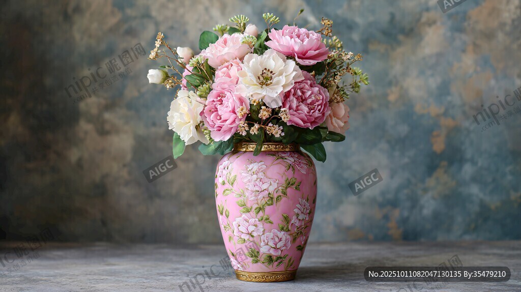 粉色花瓶插滿多彩鮮花