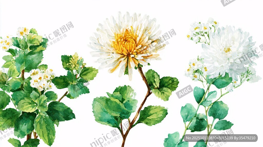 水彩繪白菊綠葉植物圖