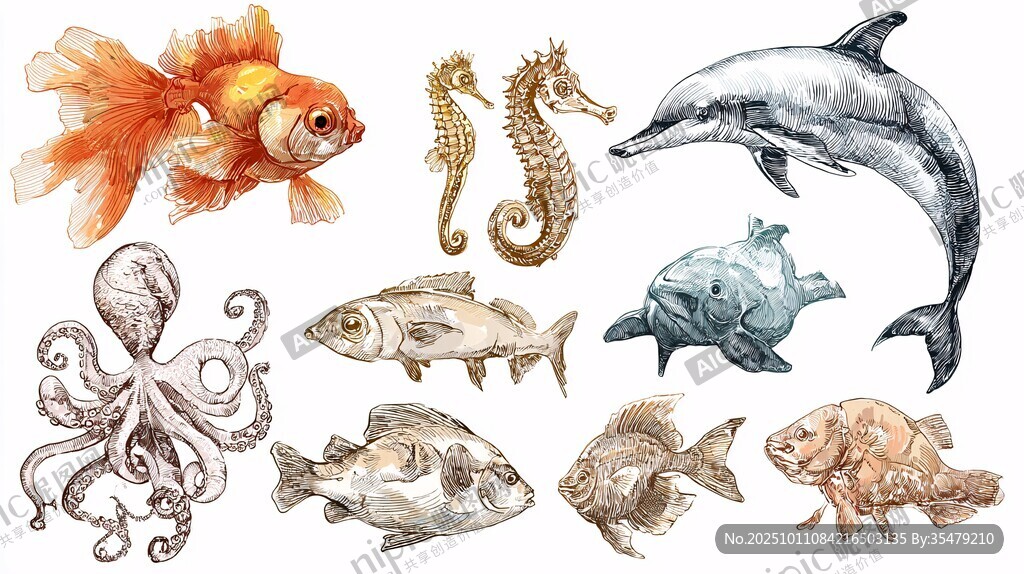 水彩海洋生物集合