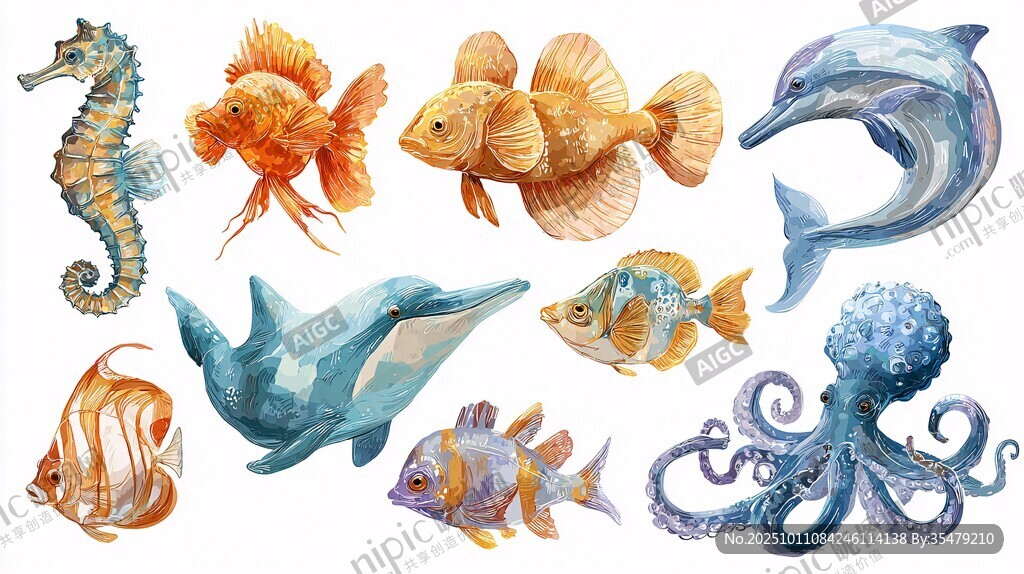 海洋生物水彩插畫集合