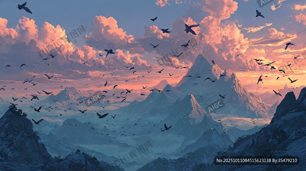 黃昏群鳥繞山壯麗美景